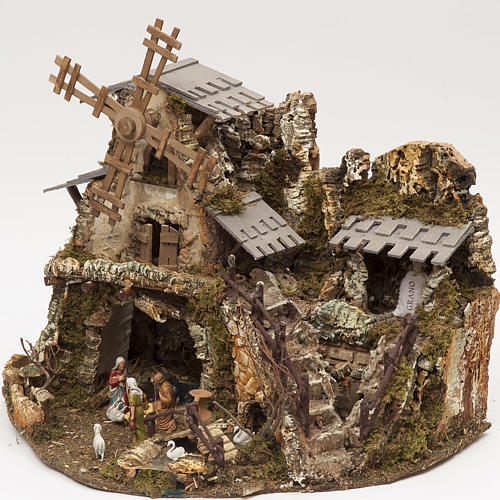 Nativity village with lights, grotto, mill 50x58x38cm 3