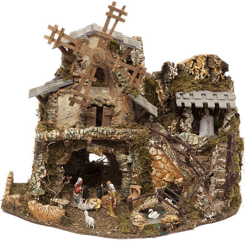 Nativity village with lights, grotto, mill 50x58x38cm 1