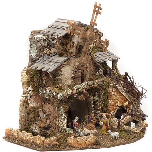 Nativity village with lights, grotto, mill 50x58x38cm 2