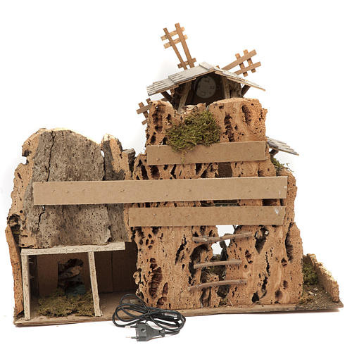 Nativity village with lights, grotto, mill 50x58x38cm 4