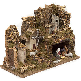 Nativity village, stable with grotto and mill 28x42x18cm