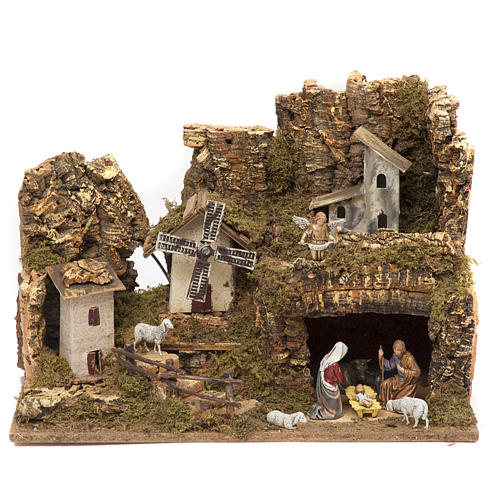 Nativity village, stable with grotto and mill 28x42x18cm 1