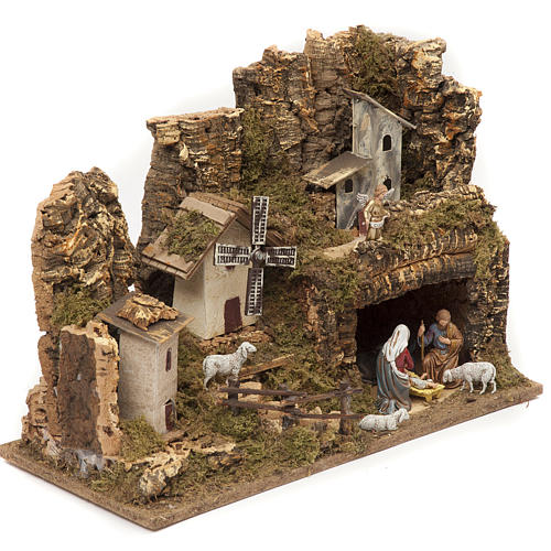 Borgo presepe con grotta e mulino 28x42x18 2