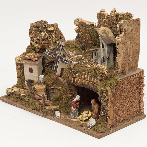 Nativity village, stable with grotto and mill 28x42x18cm 3