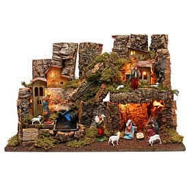 Borgo presepe con fuoco luci con cascata grotta 40x58x38