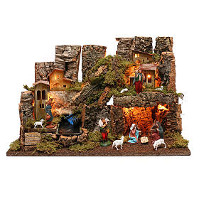 Cabanas e Grutas para Presépio: Burgo presépio com fogueira luzes com cascata gruta 40x58x38 cm