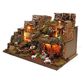 Cabanas e Grutas para Presépio: Burgo presépio com fogueira luzes com cascata gruta 40x58x38 cm