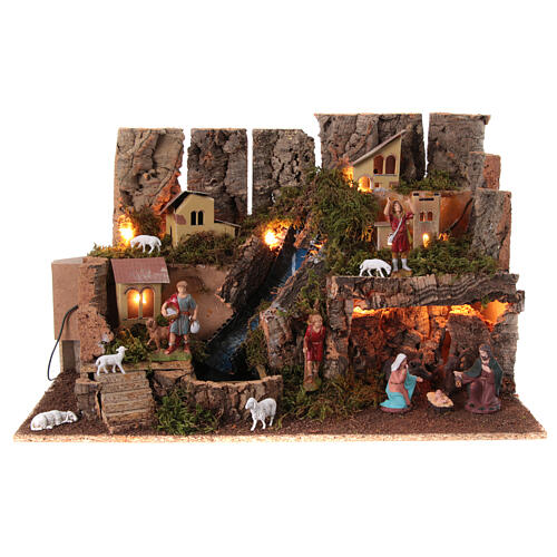 Nativity village, stable with fire and waterfall 40x58x38cm 1