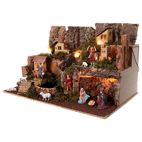 Nativity village, stable with fire and waterfall 40x58x38cm 3