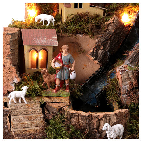Nativity village, stable with fire and waterfall 40x58x38cm 4