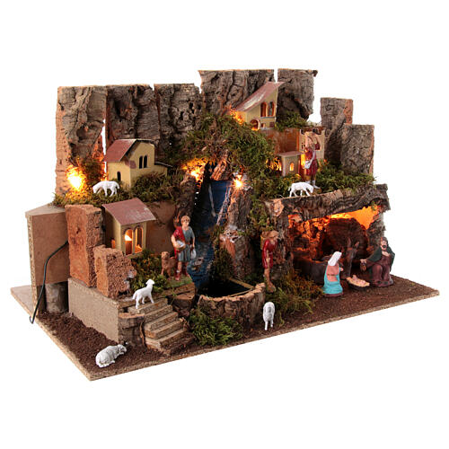 Nativity village, stable with fire and waterfall 40x58x38cm 5