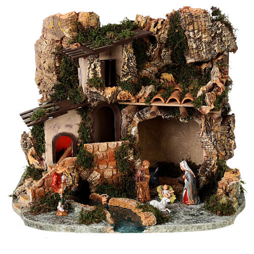 Nativity village, stable with fire 28x38x28cm 1