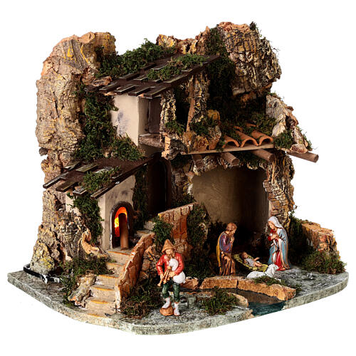 Nativity village, stable with fire 28x38x28cm 7