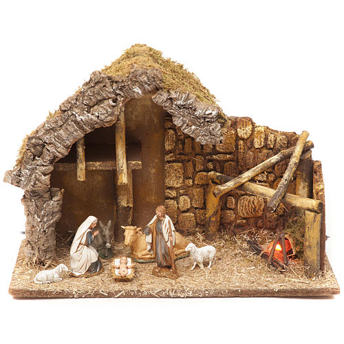Nativity setting, stable with fire 28x42x18cm 1