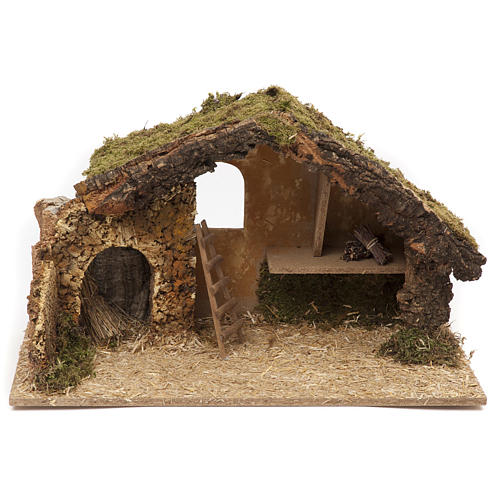 Nativity setting, stable 30x50x24cm in cork and wood 1