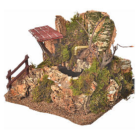 Fontaine en miniature roche et maison, décor crèche