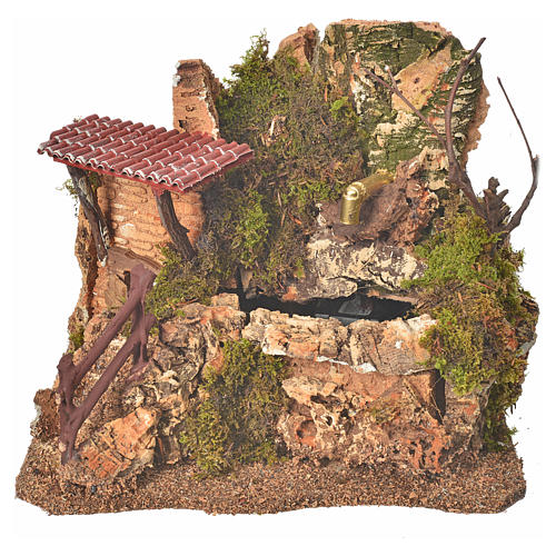 Fontaine en miniature roche et maison, décor crèche 1