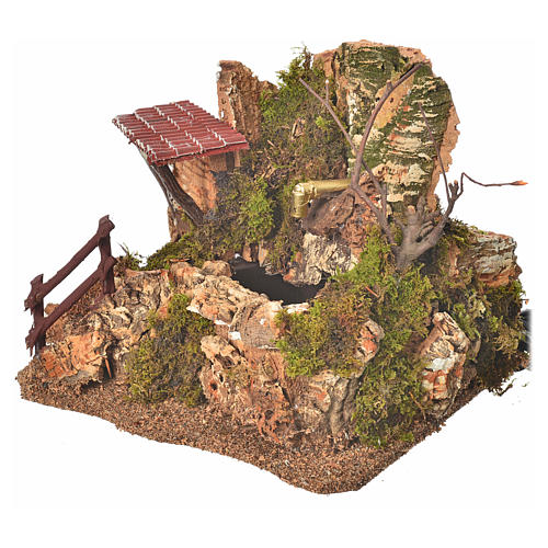 Fontaine en miniature roche et maison, décor crèche 2