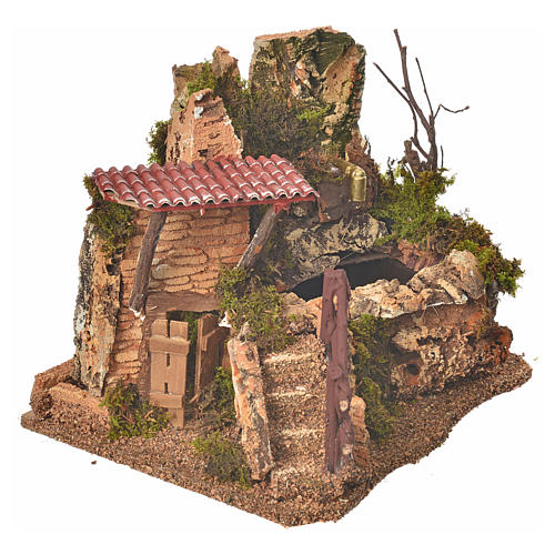 Fontaine en miniature roche et maison, décor crèche 3