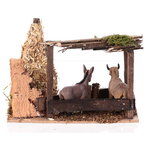 Nativity setting, fence with donkey and straw stack 11x15x10cm 4