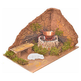 Nativity setting with flame effect fire and sheep 10x20x12cm