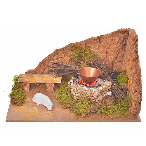 Nativity setting with flame effect fire and sheep 10x20x12cm 1