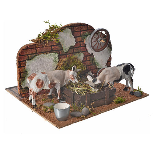 Moving neapolitan nativity setting, cows at the manger 10cm 2