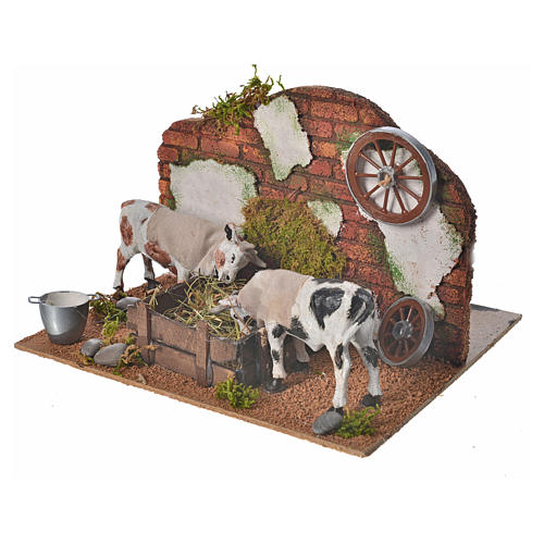 Moving neapolitan nativity setting, cows at the manger 10cm 3