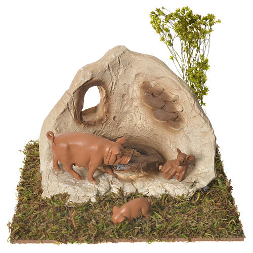 Schweinestall aus Gips auf Holzbasis 10x16x13 cm 1