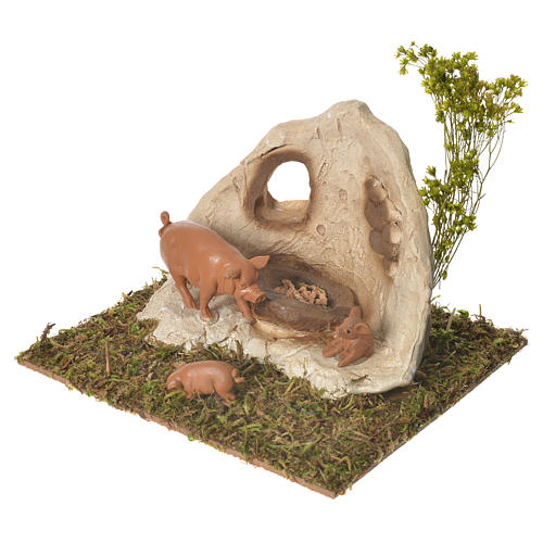 Pigsty in plaster with wooden base for nativities 10x16x13cm 2