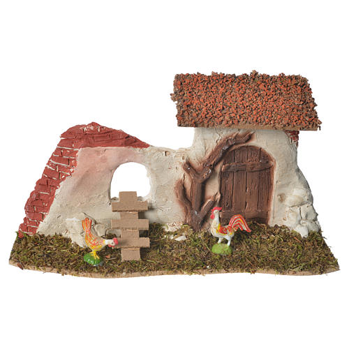 Nativity Scene hen house in plaster on wooden base 17x28x10 1