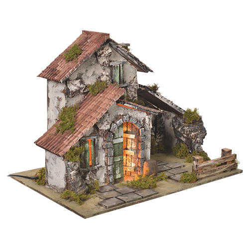 Nativity setting, farmhouse with light and grotto measuring 32,5x45x30cm 2