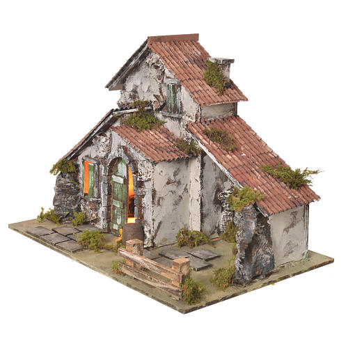 Nativity setting, farmhouse with light and grotto measuring 32,5x45x30cm 3