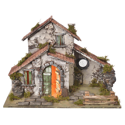 Nativity setting, farmhouse with light and grotto measuring 32,5x45x30cm 1