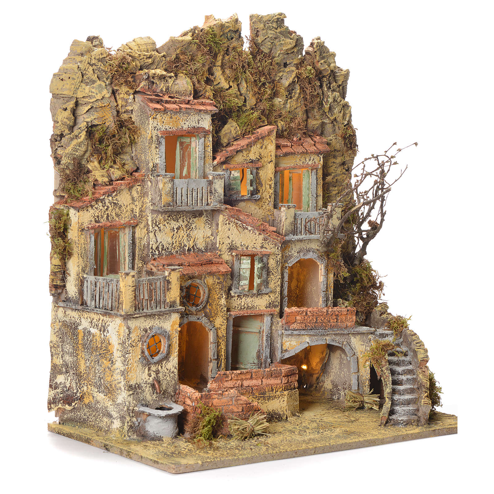 Village Pour Crèche Napolitaine Holyart Avec Fontaine Et Lumières - 35x30x30 Cm, Pompe à Eau, Décor En Bois Et Liège