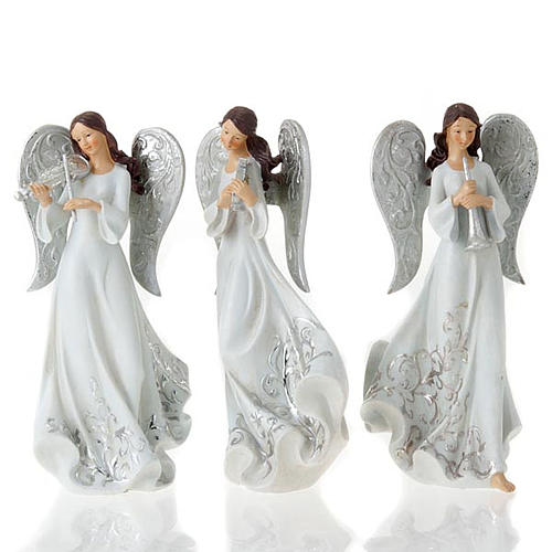 Statues trois Anges avec instruments blanc et argenté 1