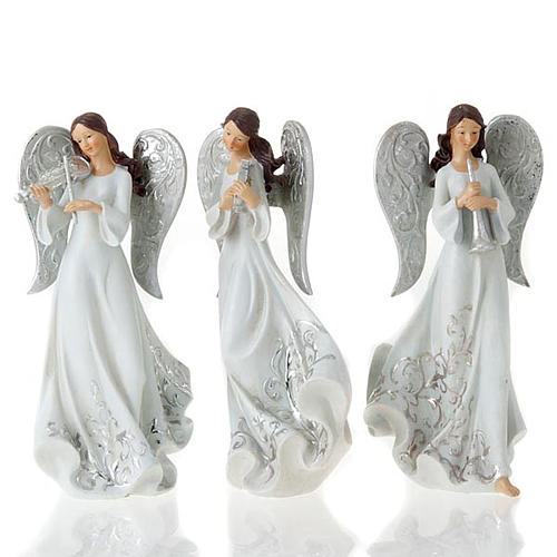 Statuine Tre Angeli con strumenti bianco e argentato