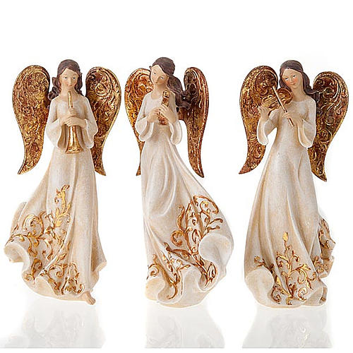 Estatuillas tres ángeles con instrumentos blancos y dorad 1