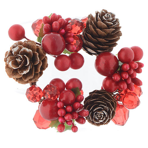 Christmas candle embellishment,red with berries and pine cones 4cm diameter 1