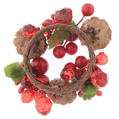 Christmas candle embellishment,red with berries and pine cones 4cm diameter 2