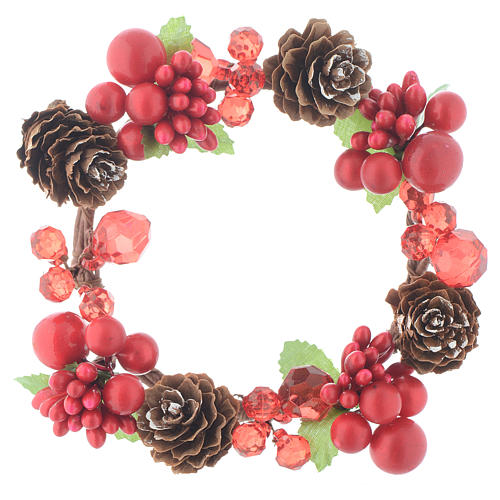 Christmas candle embellishment,red with berries and pine cones 8cm diameter 1