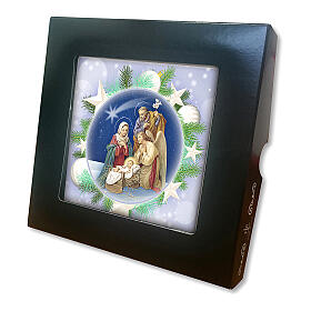 Bedruckte Fliese aus Keramik mit Darstellung der Heiligen Familie und Gebet auf der Rűckseite