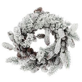 Advent crown with pine cones and snow 33 cms in diameter