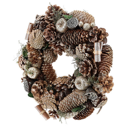 Advent wreath with pine cones and apples 30 cm, Gold finish 3