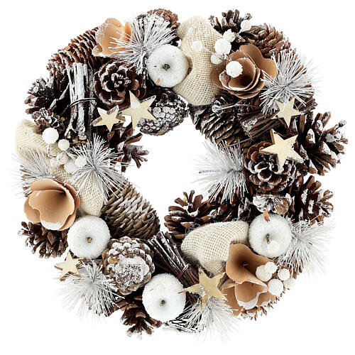 Christmas Wreath 30 cm with snowy pine cones in wood 1