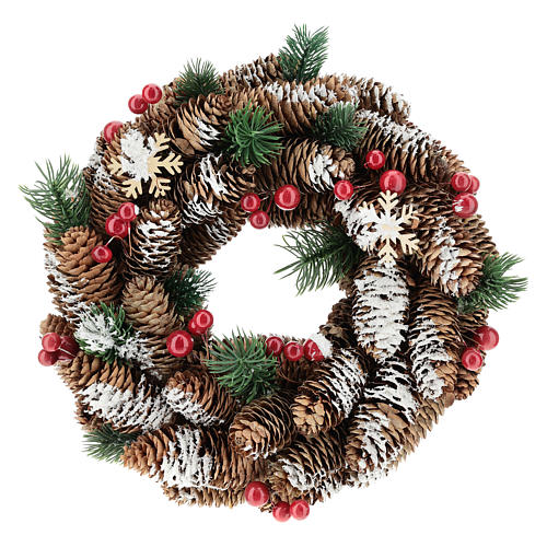 Advent wreath with pine cones, fake snow and red berries 30 cm 1