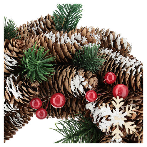 Advent wreath with pine cones, fake snow and red berries 30 cm 2