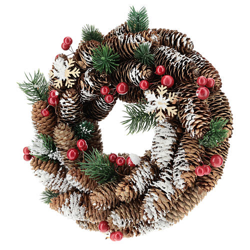 Advent wreath with pine cones, fake snow and red berries 30 cm 3