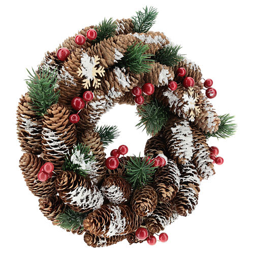 Advent wreath with pine cones, fake snow and red berries 30 cm 4