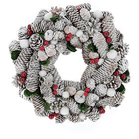 Couronne de Noël blanche pomme de pin et houx 33 cm